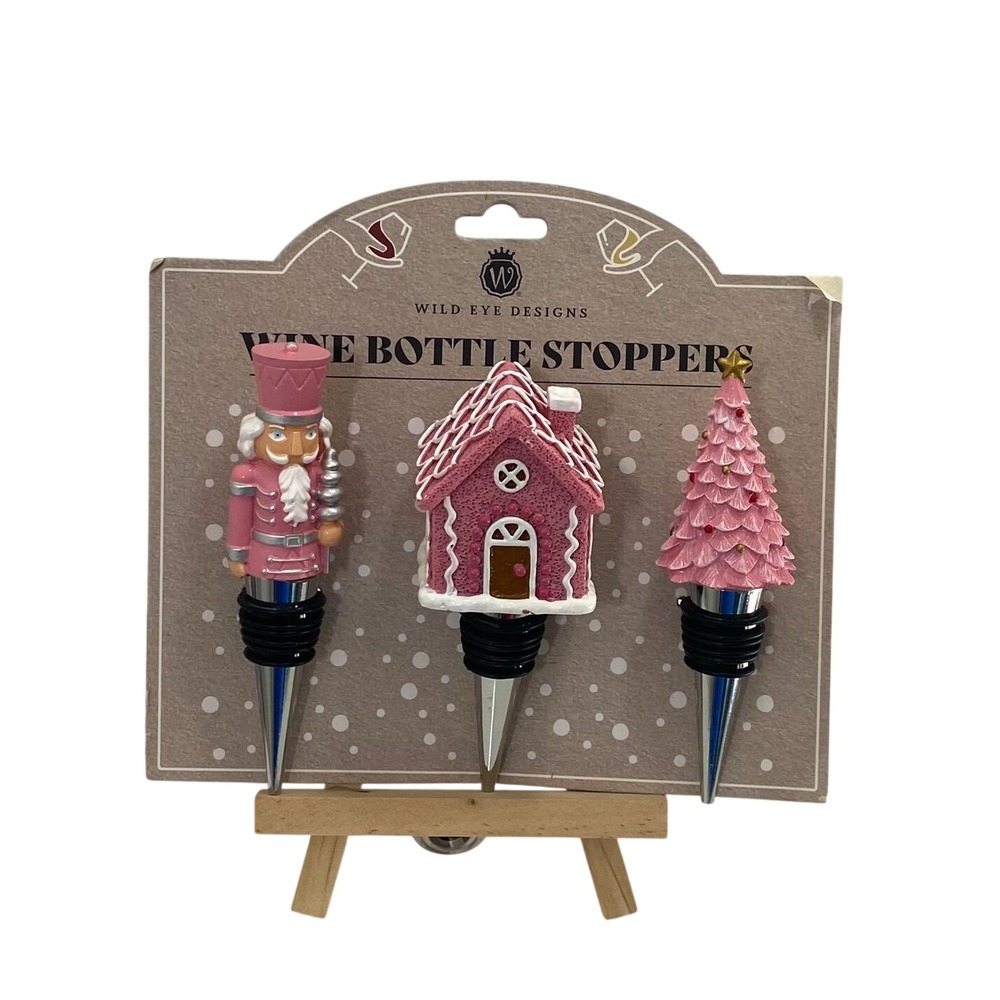 Wild Eye Designs Pink Holiday Wine Bottle Stopper Set Nutcracker Tree 3 Piece